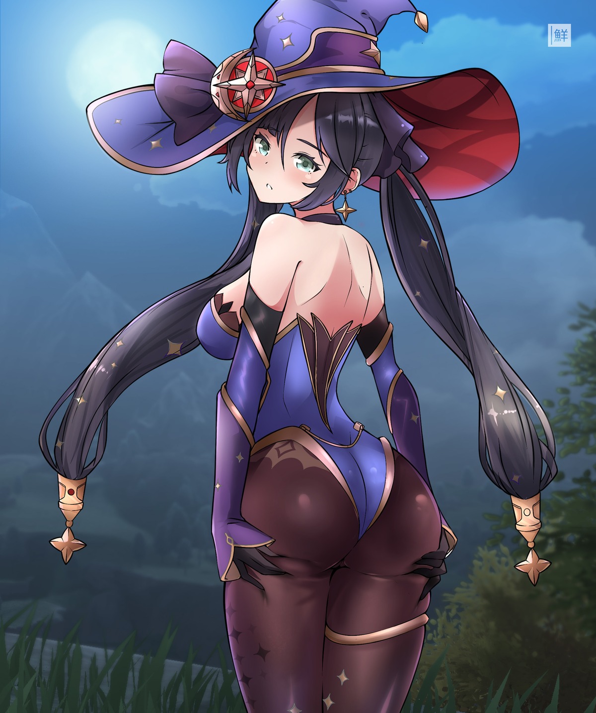 ass ass_grab garter genshin_impact leotard mona_megistus no_bra pantyhose witch