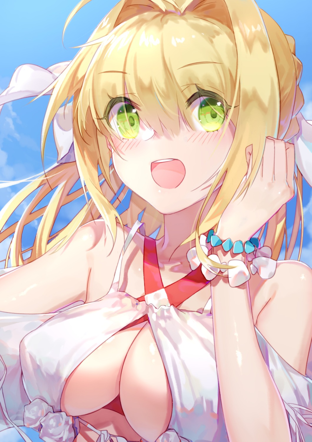 bikini_top cleavage fate/grand_order mz7 saber_extra see_through swimsuits