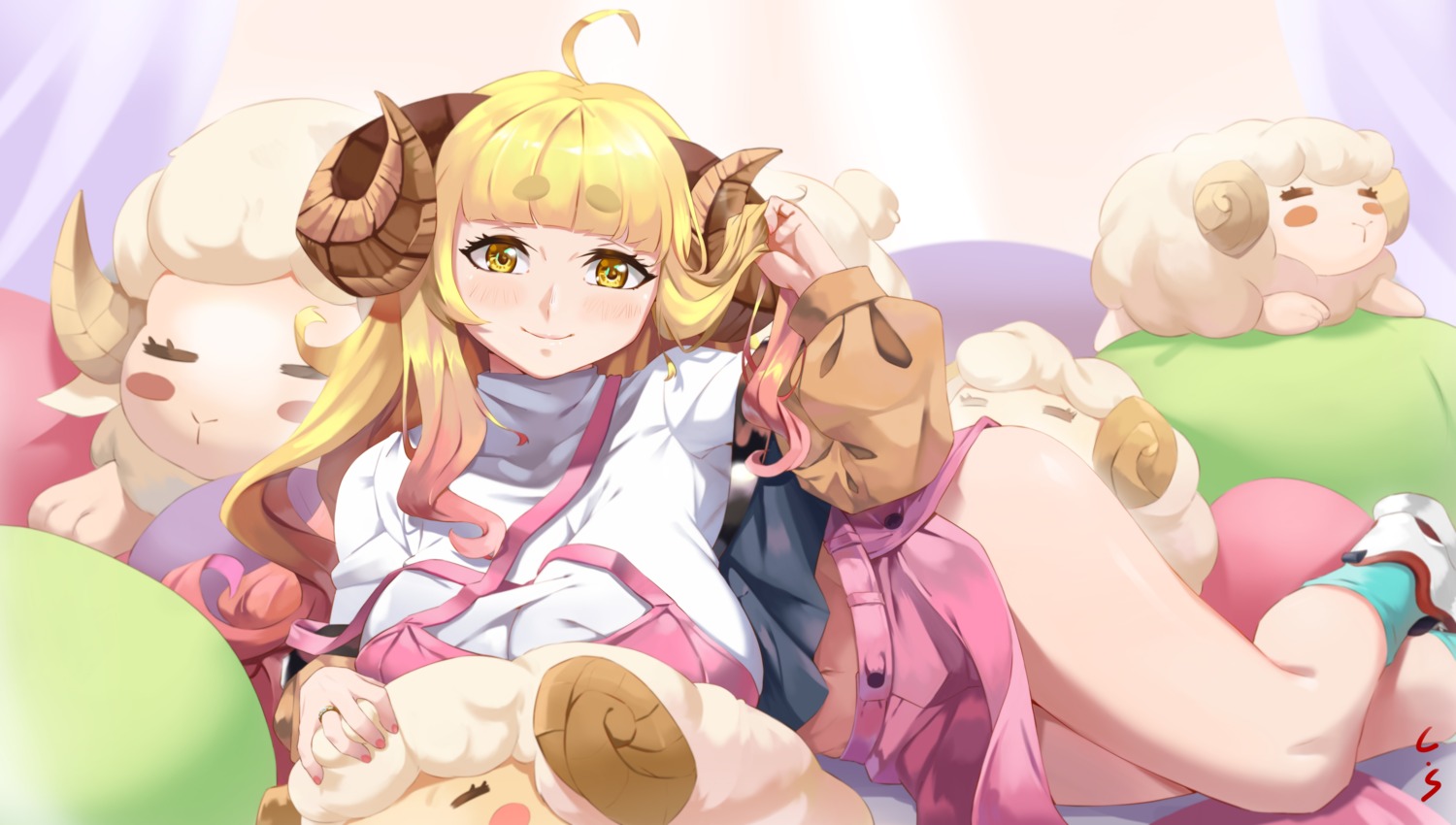 anila_(granblue_fantasy) caesar_salad granblue_fantasy horns skirt_lift sweater