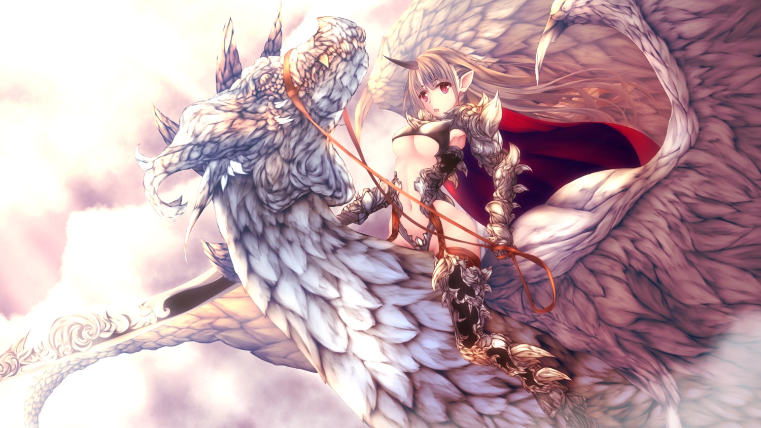 alicia_(schrdingerscat) bikini_armor horns monster pointy_ears stockings thighhighs underboob wallpaper