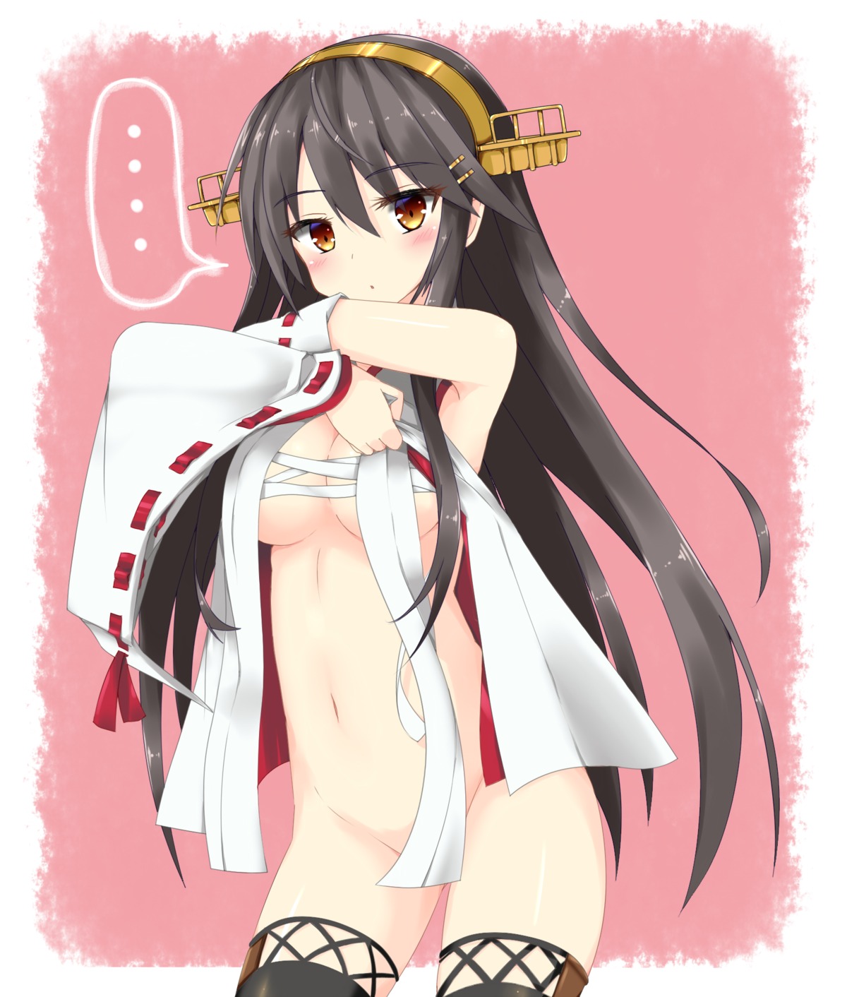 bottomless cleavage haruna_(kancolle) kanitama kantai_collection sarashi thighhighs undressing