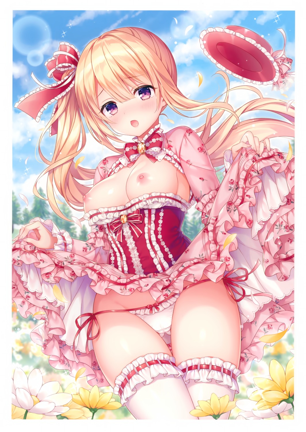 breasts cameltoe dress lolita_fashion mitsuba_choco nipples no_bra pantsu skirt_lift string_panties thighhighs