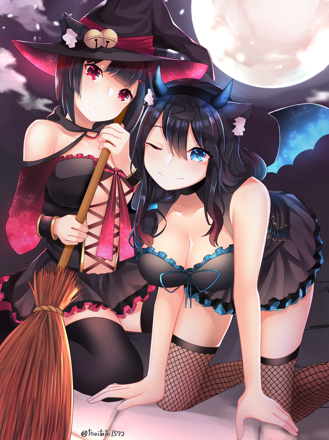 animal_ears azur_lane cleavage dress fishnets fusou_(azur_lane) halloween horns nekomimi sanba_tsui thighhighs wings witch yamashiro_(azur_lane)