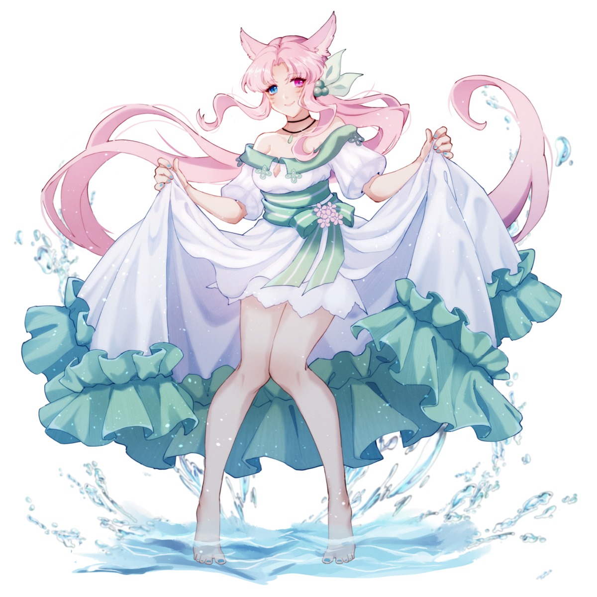 animal_ears dress final_fantasy final_fantasy_xiv heterochromia lyra-kotto miqo'te no_bra skirt_lift wet