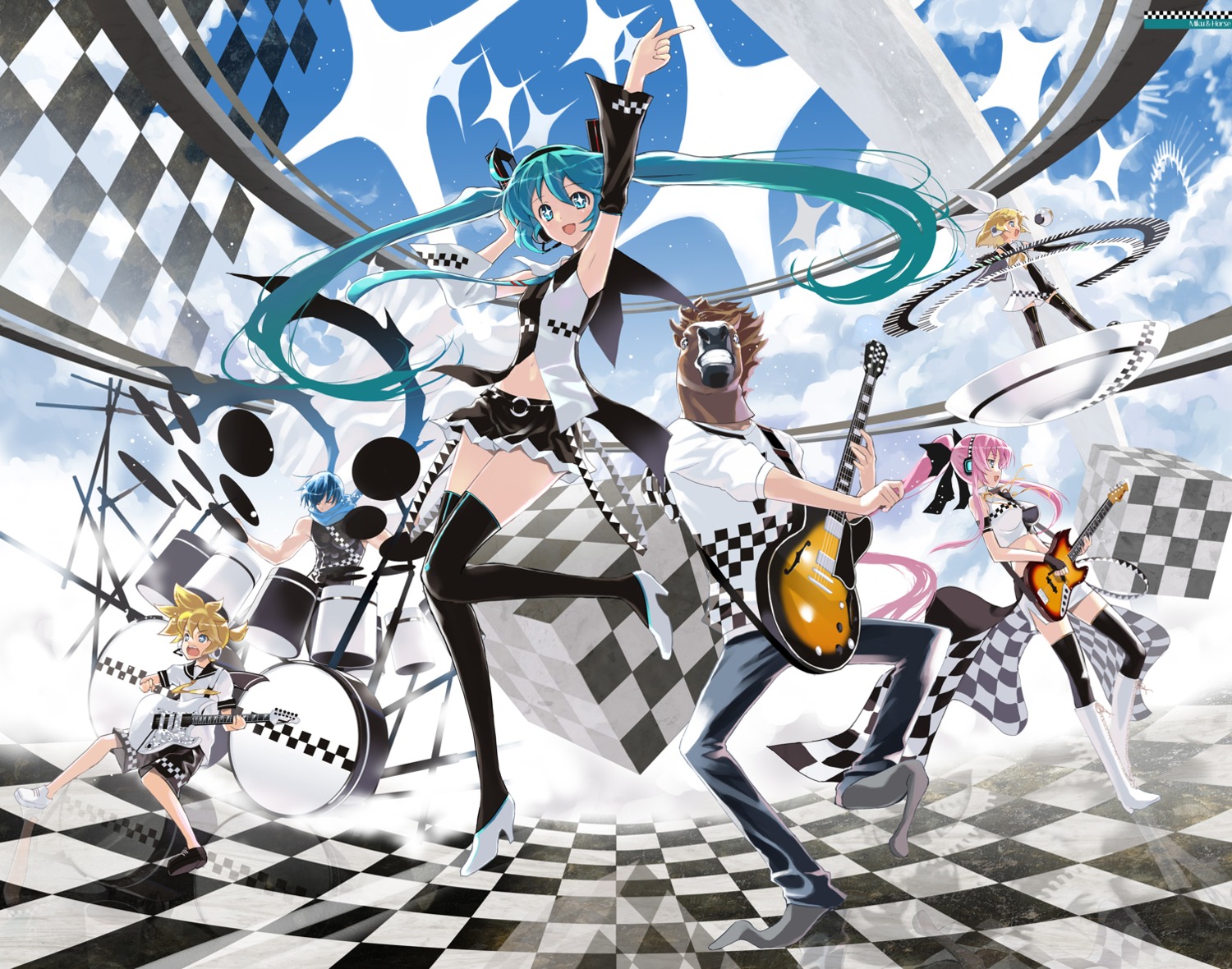 Achunchun Vocaloid Hatsune Miku Kagamine Len Kagamine Rin Kaito Megurine Luka Guitar Thighhighs Yande Re