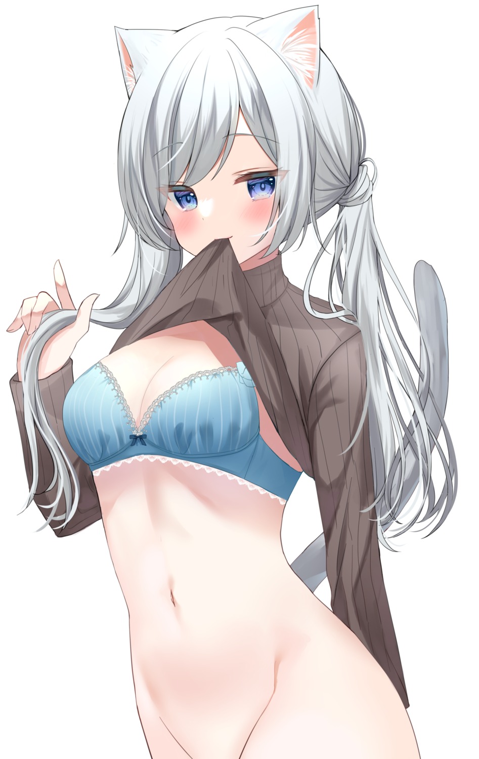 animal_ears bottomless bra cleavage hamico nekomimi shirt_lift sweater tail