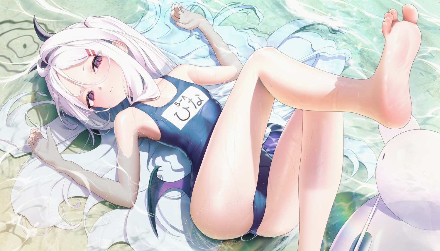 aya_(lezon) blue_archive devil feet horns loli school_swimsuit sorasaki_hina swimsuits wet wings