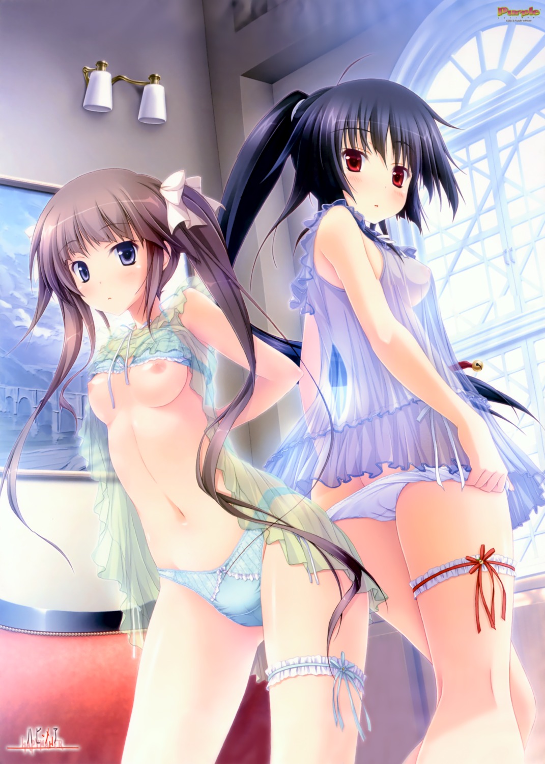 breasts garter hapymaher hasuno_saki hirasaka_keiko lingerie nipples pantsu purple_software see_through tsukimori_hiro undressing