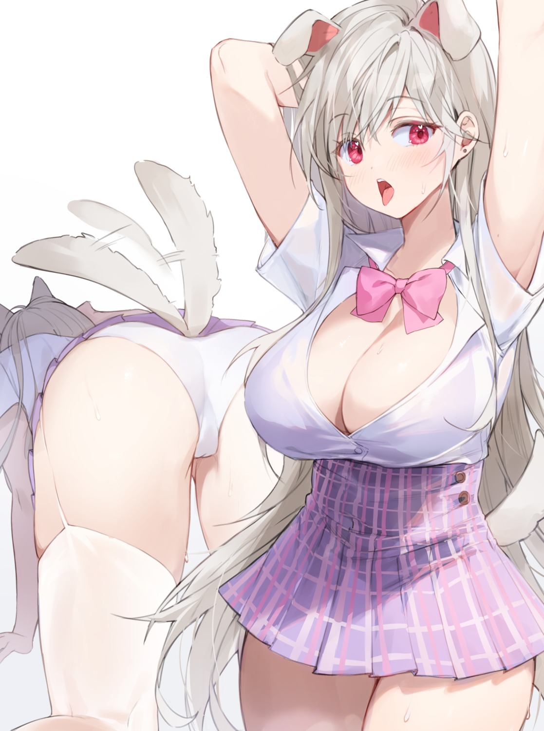 animal_ears ass cameltoe cleavage inumimi no_bra open_shirt pantsu see_through skirt_lift stockings tail thighhighs timy wet