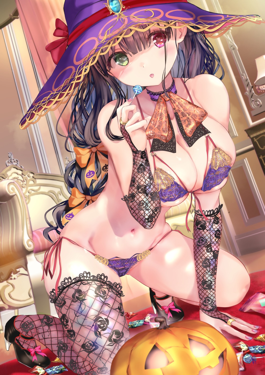 bra cameltoe fishnets halloween heels heterochromia lingerie ogata_tei pantsu string_panties thighhighs witch