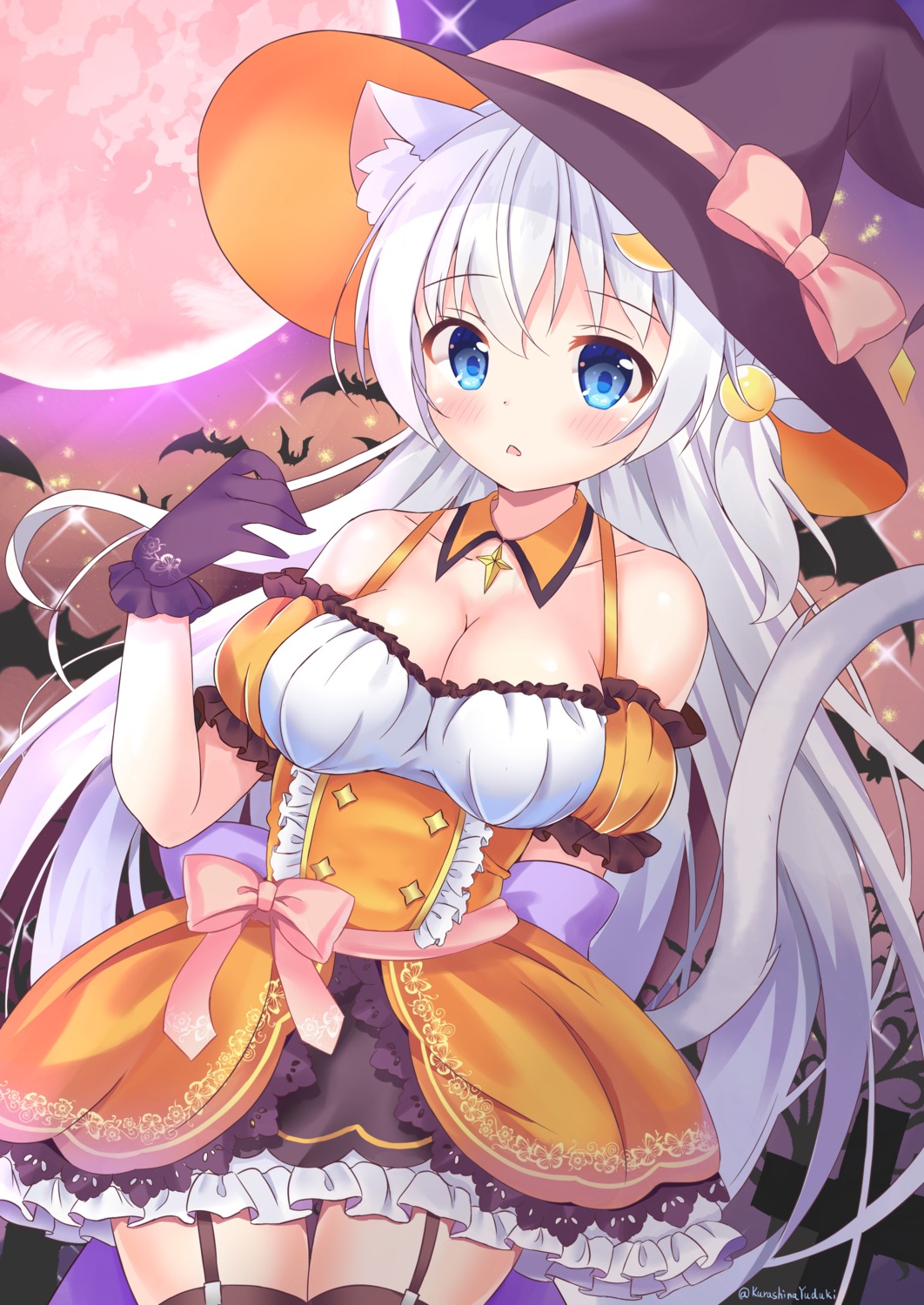 animal_ears cleavage halloween kurashina_yuzuki nekomimi stockings tail thighhighs witch