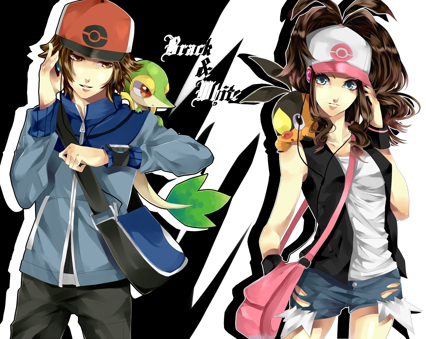 pokemon pokemon_bw snivy tepig touko_(pokemon) touya_(pokemon) tsukioka_tsukiho