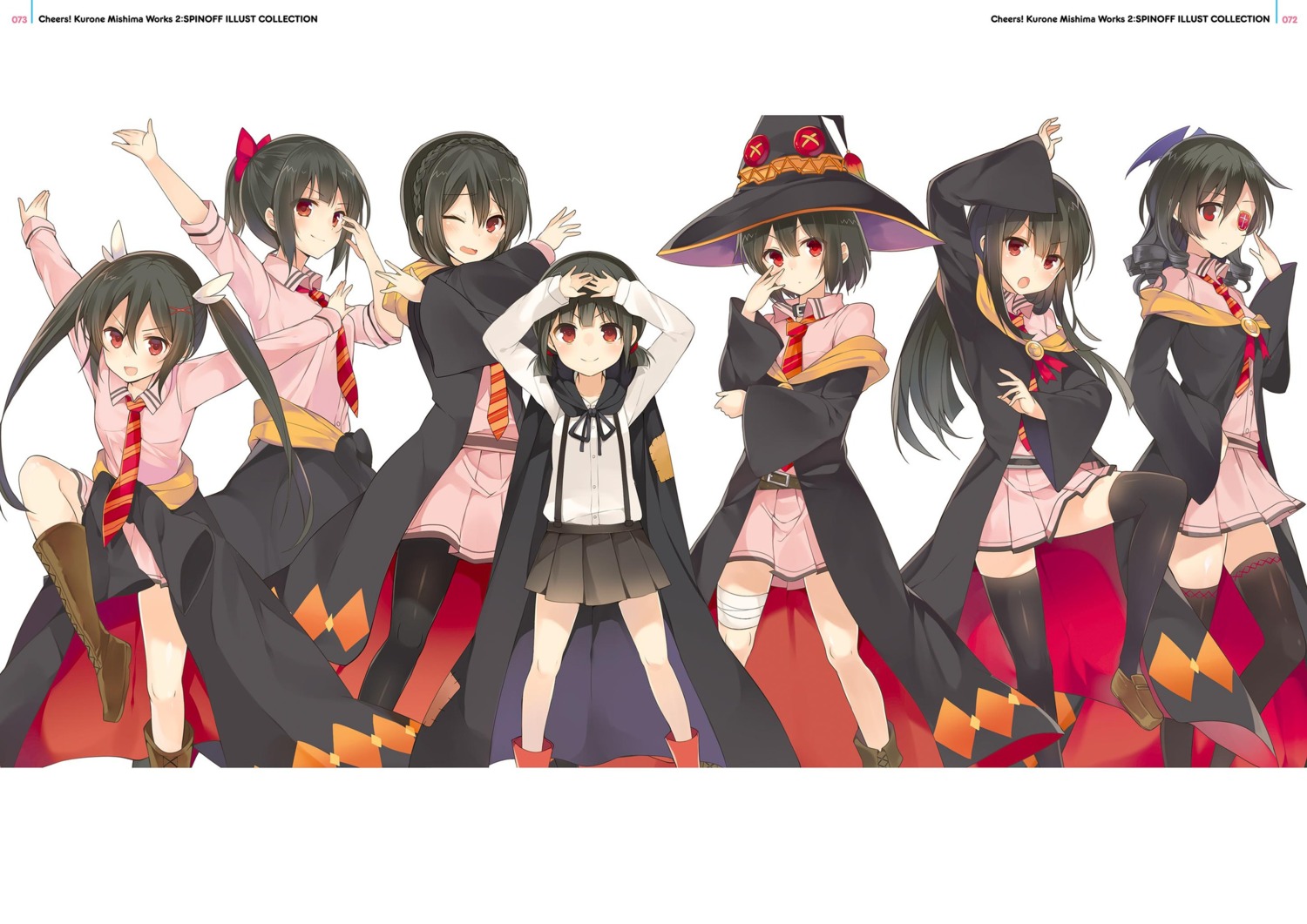 bandages digital_version eyepatch komekko kono_subarashii_sekai_ni_bakuen_wo! kono_subarashii_sekai_ni_shukufuku_wo! megumin mishima_kurone pantyhose seifuku thighhighs witch yunyun_(kono_subarashii_sekai_ni_shukufuku_wo!)