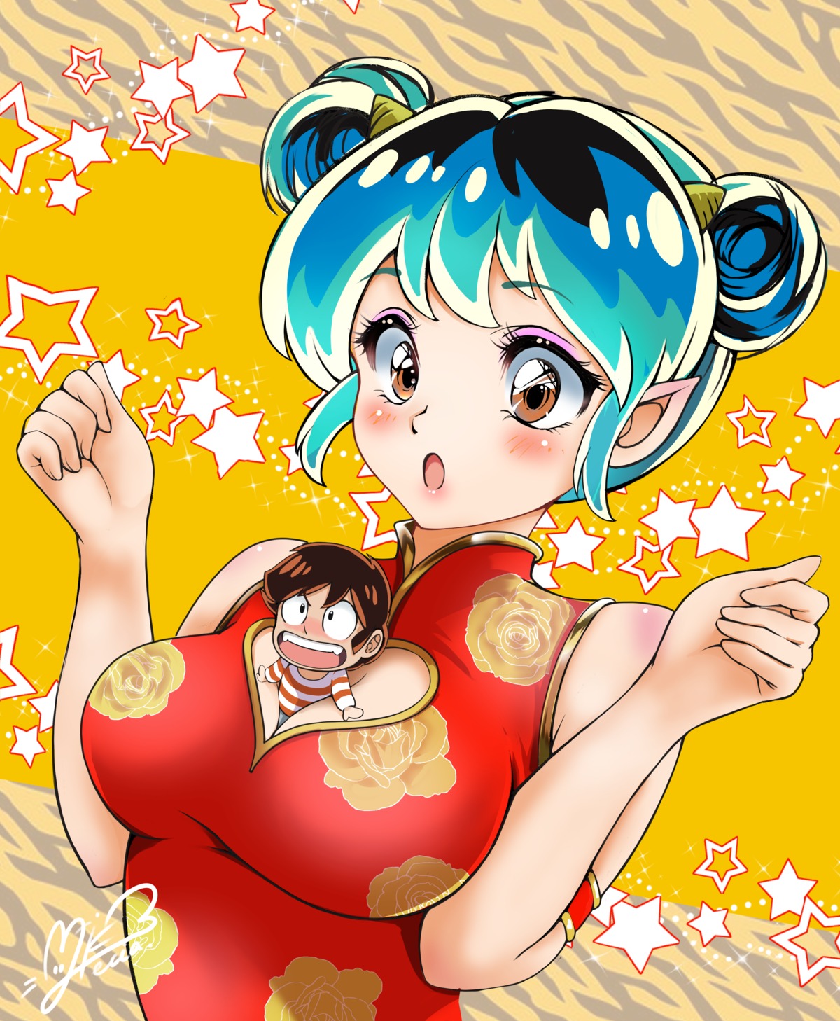 asian_clothes chibi cleavage horns lum miki_lutecia moroboshi_ataru pointy_ears urusei_yatsura