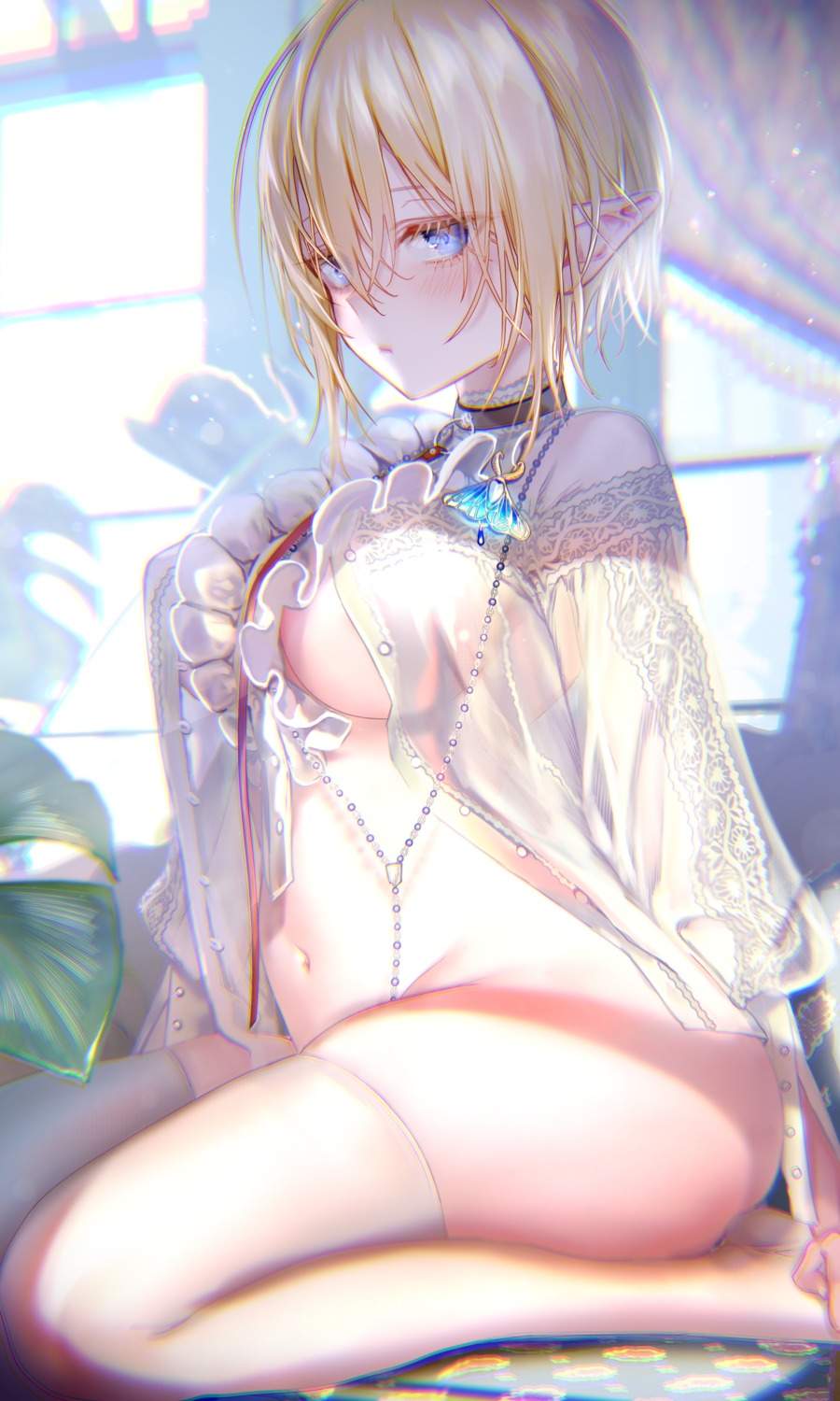 bottomless elf no_bra open_shirt pointy_ears pottsness see_through thighhighs