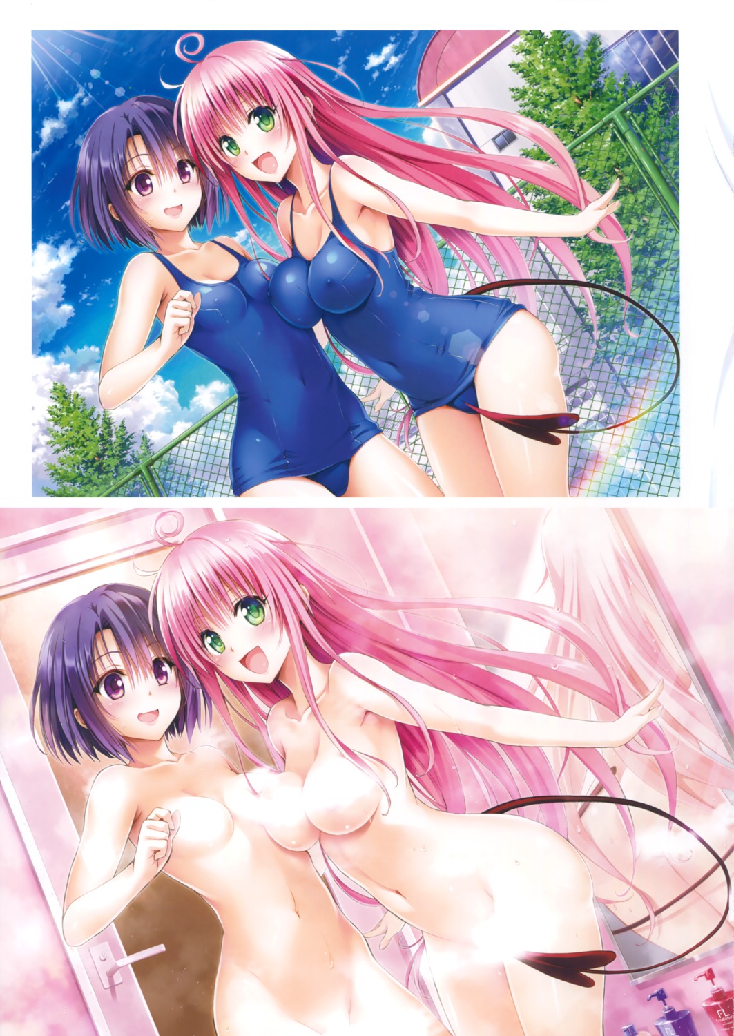 censored cleavage erect_nipples lala_satalin_deviluke naked sairenji_haruna school_swimsuit swimsuits tail to_love_ru to_love_ru_darkness yabuki_kentarou