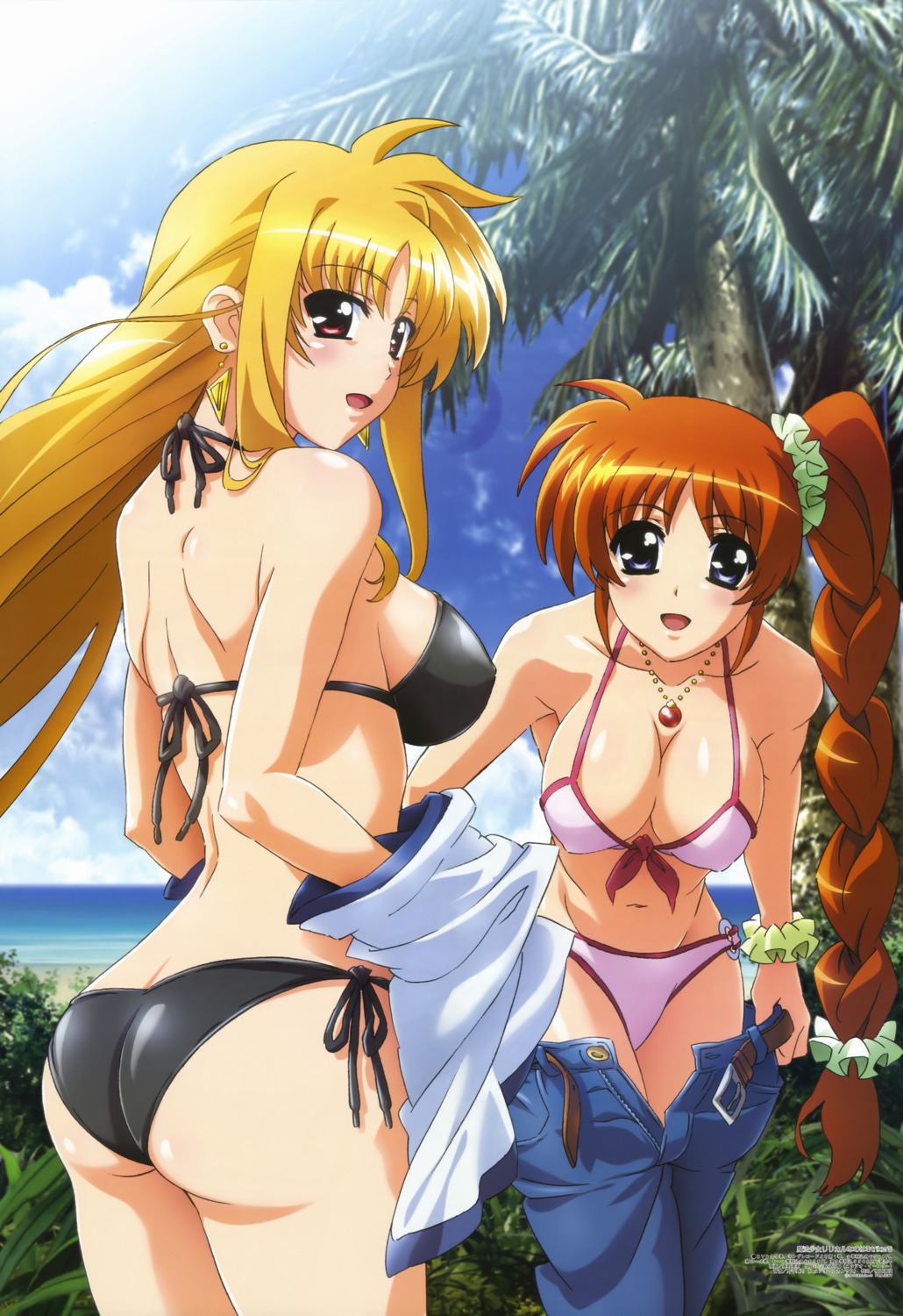 ass bikini cleavage erect_nipples fate_testarossa mahou_shoujo_lyrical_nanoha mahou_shoujo_lyrical_nanoha_strikers nagamachi_hideki swimsuits takamachi_nanoha undressing