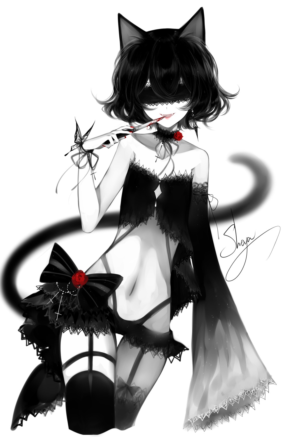 animal_ears blood nekomimi pantsu sheya stockings tail thighhighs weapon