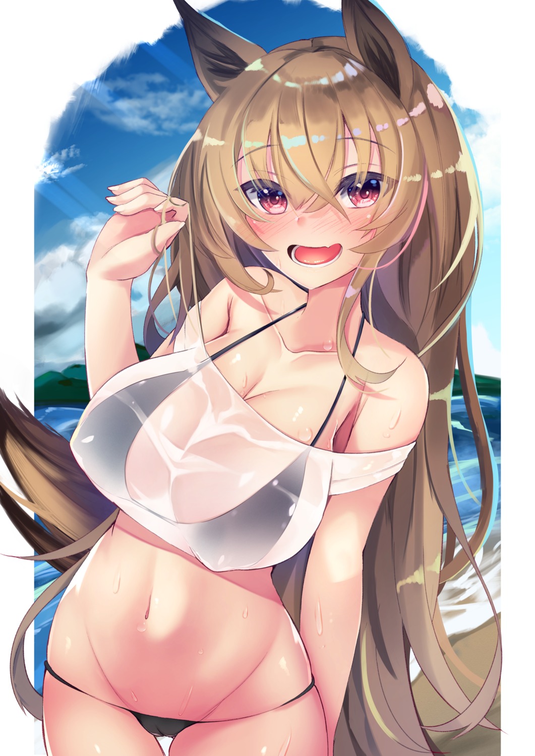 animal_ears arknights bikini cameltoe ceobe_(arknights) erect_nipples see_through swimsuits tail tamano_nae wet_clothes