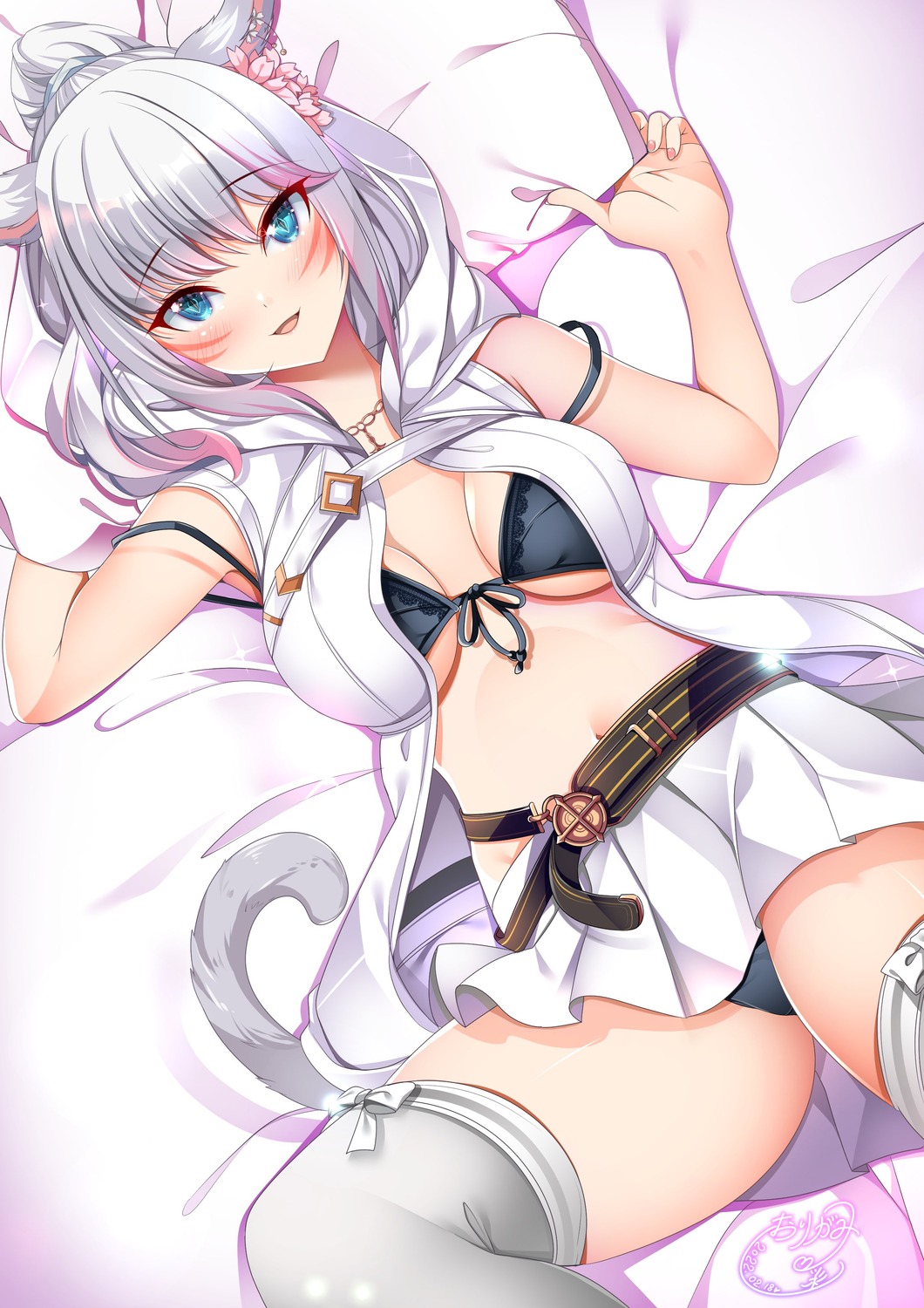 animal_ears bra final_fantasy final_fantasy_xiv miqo'te nekomimi open_shirt origami_aya pantsu skirt_lift tail thighhighs