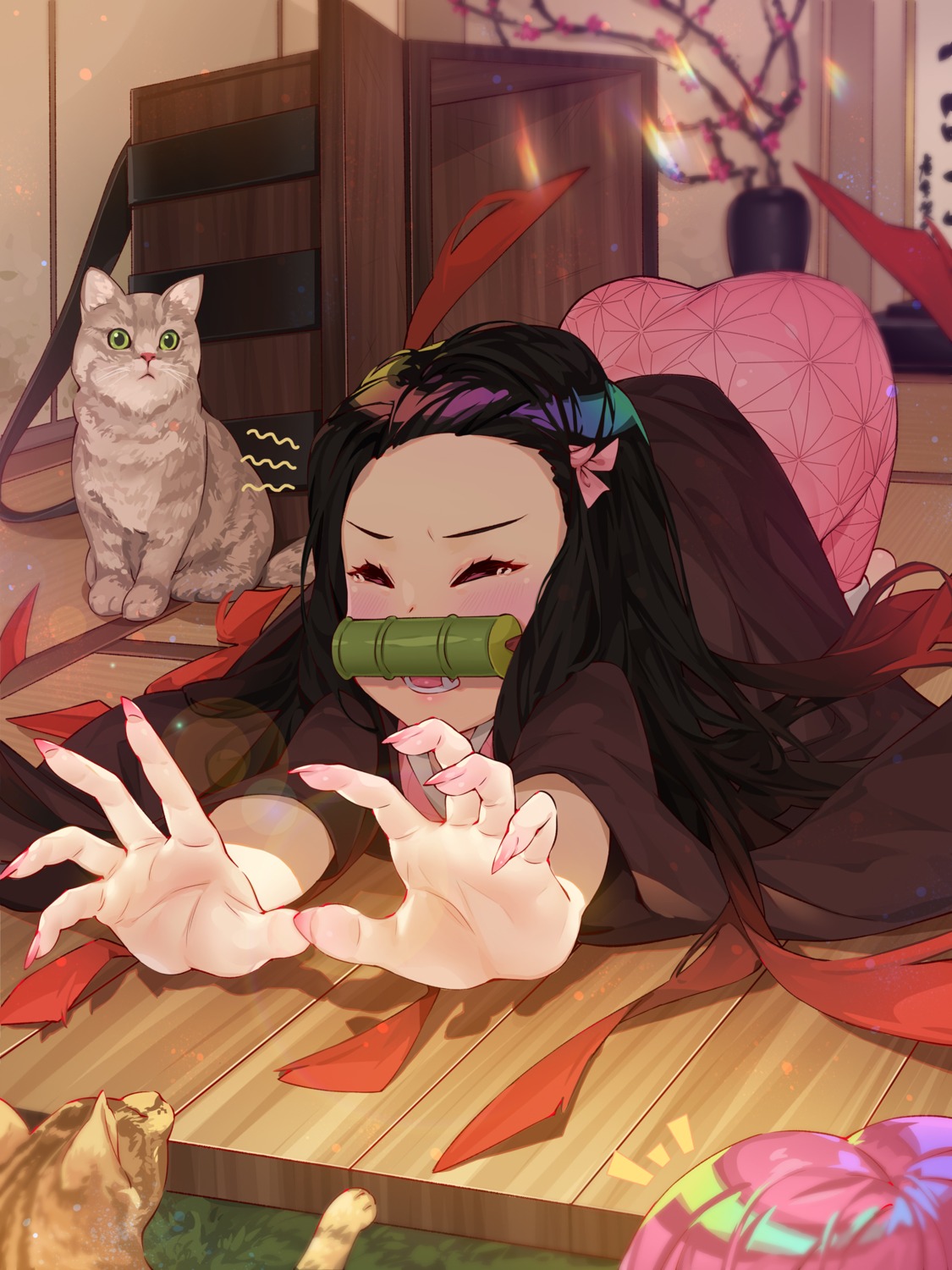 japanese_clothes kamado_nezuko kanroji_mitsuri kimetsu_no_yaiba neko waterring