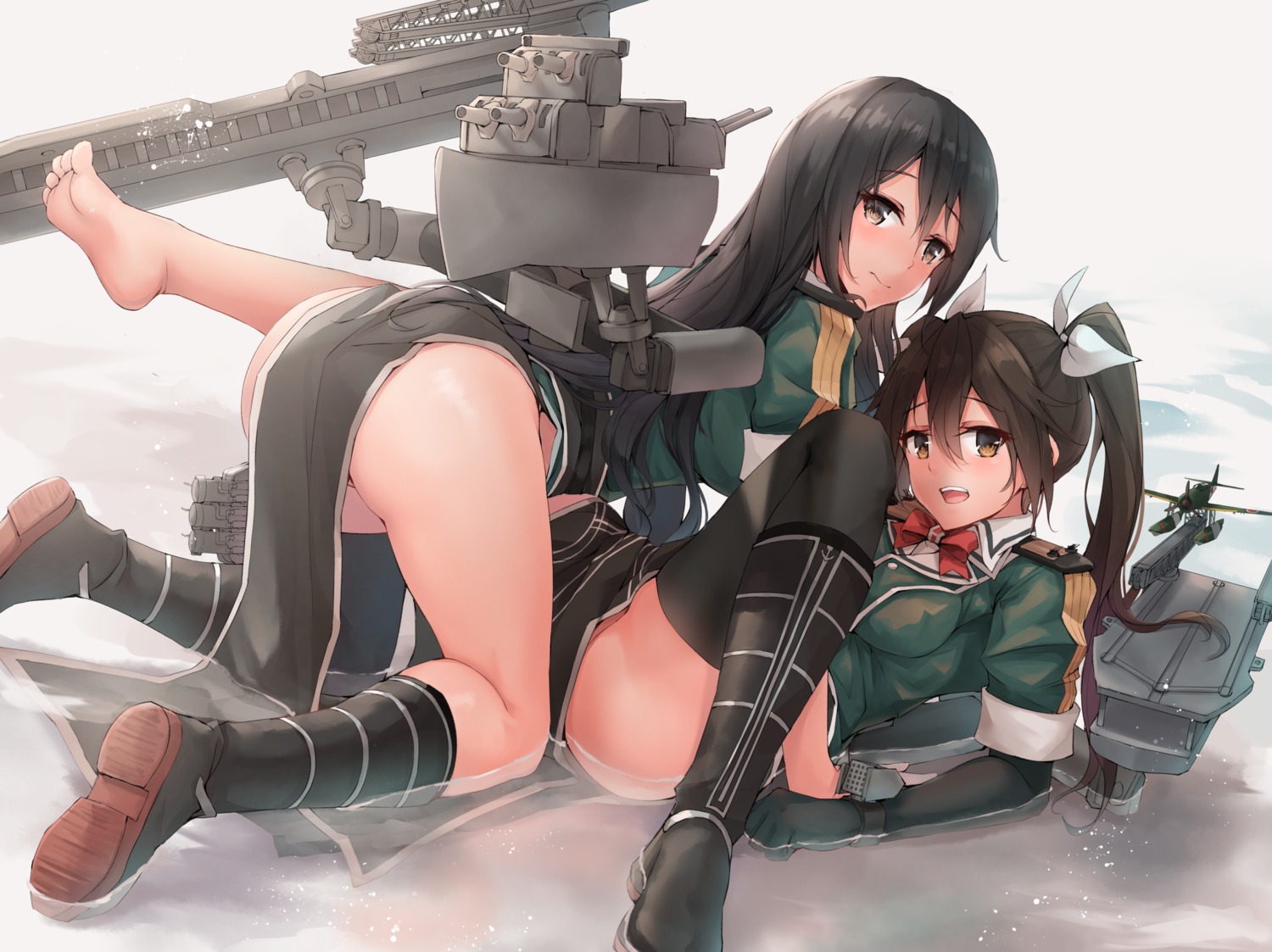 ass chikuma_(kancolle) feet k_jie kantai_collection nopan thighhighs tone_(kancolle) uniform weapon wet yuri