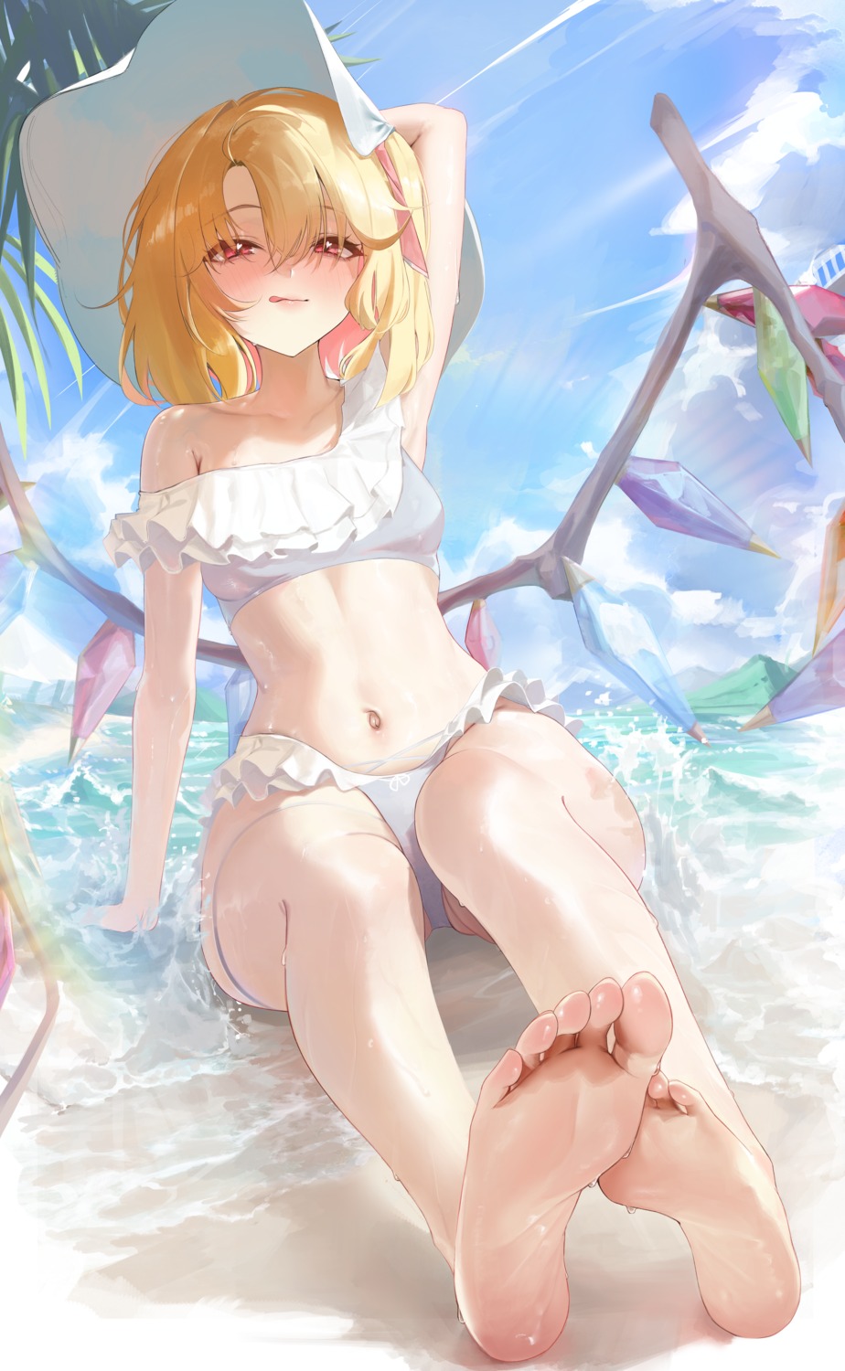 bikini feet flandre_scarlet garter loli mookie_(e_mook9) swimsuits touhou wet wings