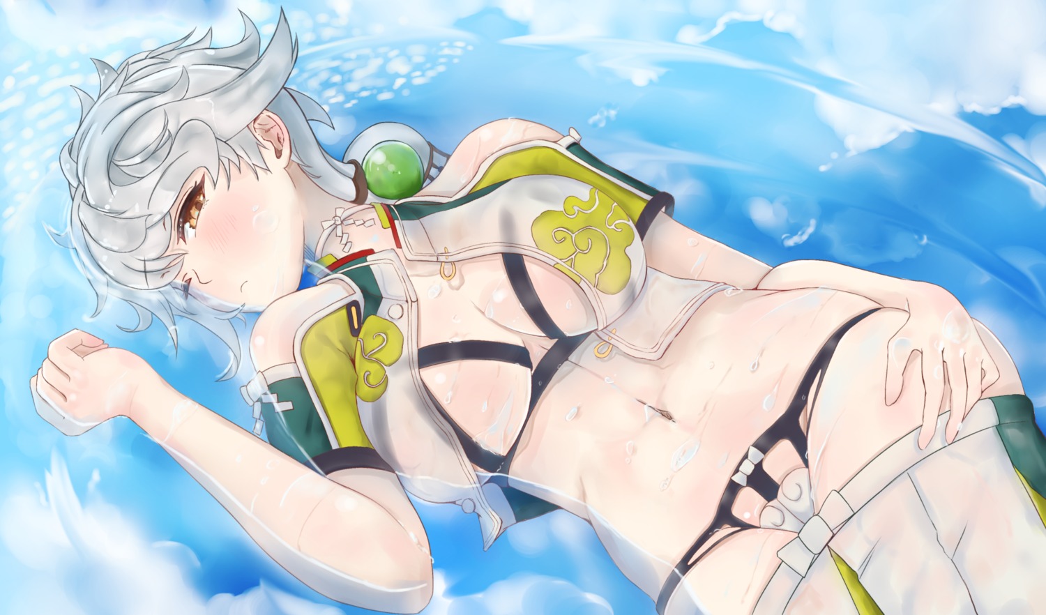 cleavage ippers kantai_collection open_shirt pantsu see_through unryuu_(kancolle) wet wet_clothes