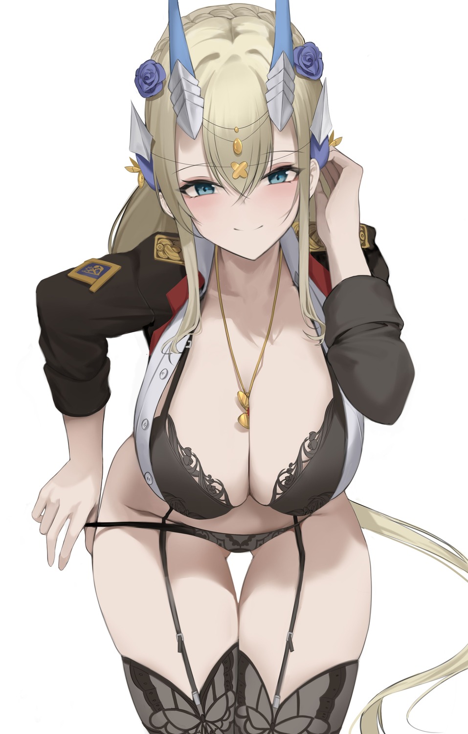 bra haku_(liiixixixiii) horns open_shirt pantsu stockings thighhighs undressing uniform