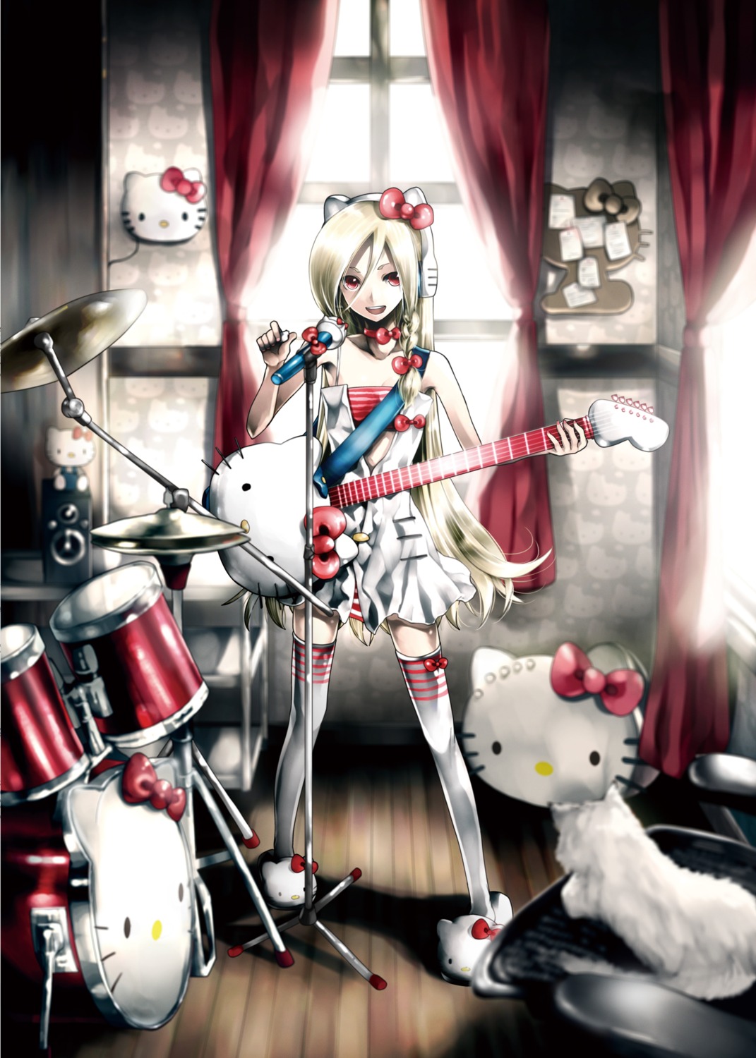 headphones hello_kitty kei thighhighs