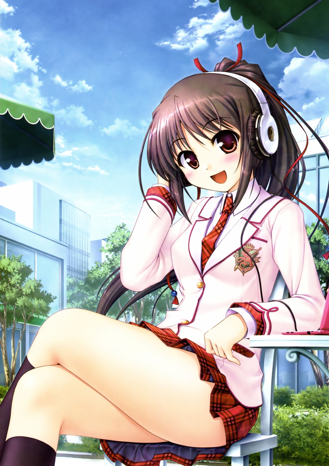 anime girl with brown hair and brown eyes and headphones