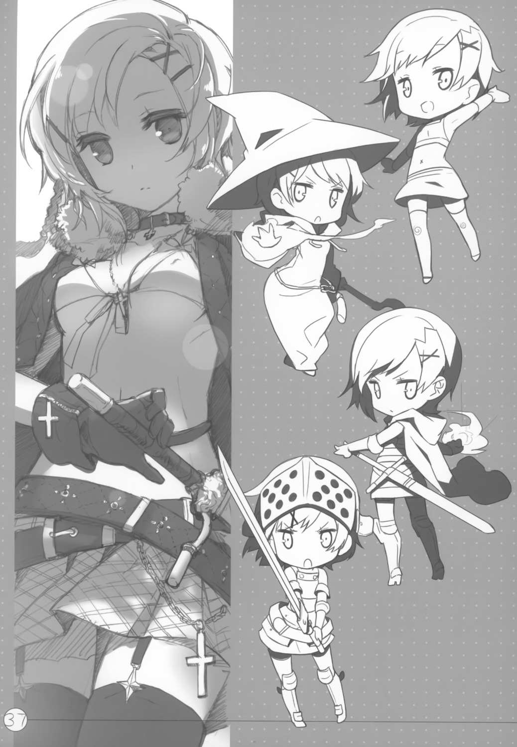 bikini_top chibi erect_nipples h2so4 island_of_horizon monochrome swimsuits thighhighs