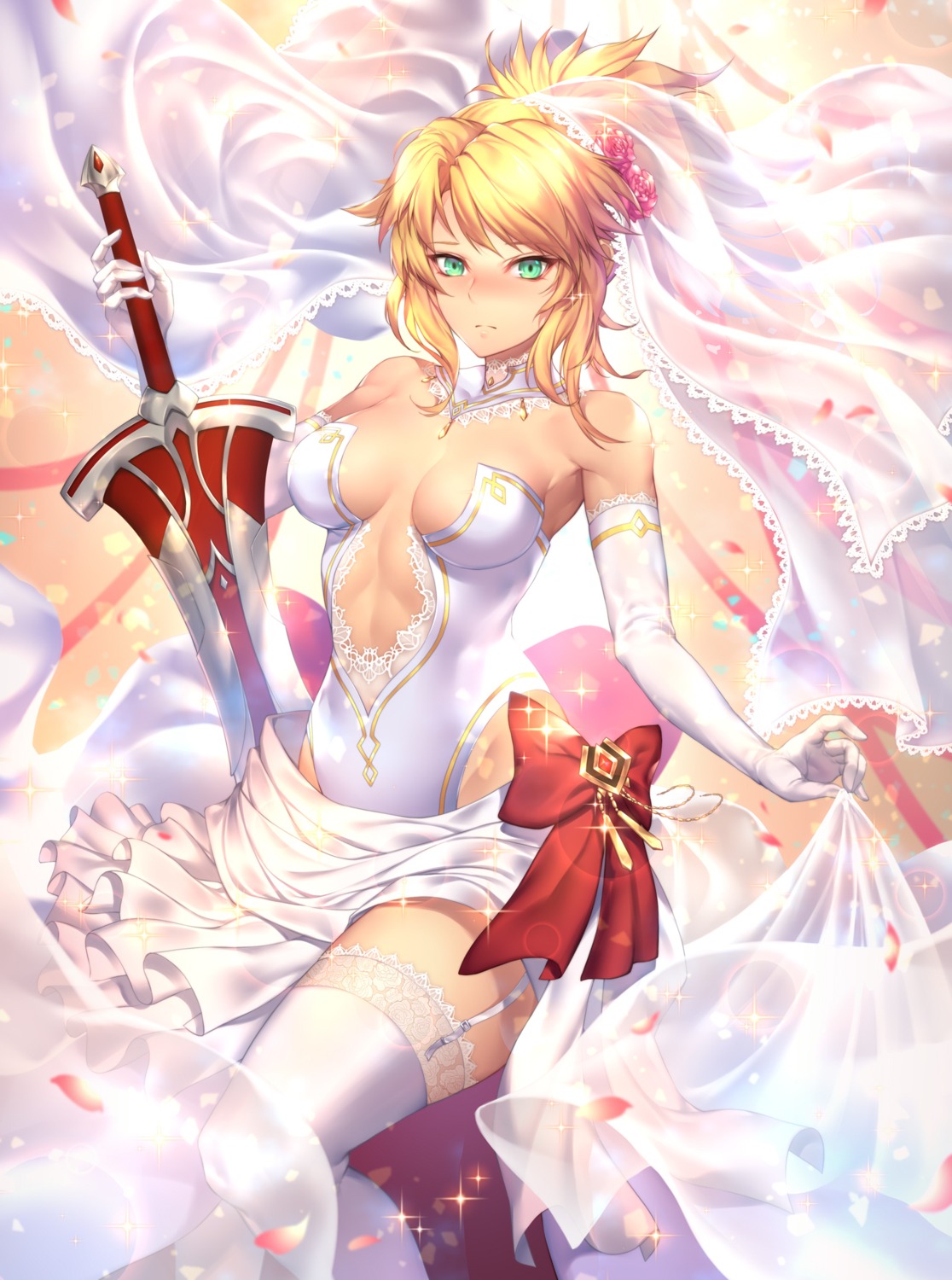 dress fate/apocrypha fate/stay_night mordred_(fate) nasaniliu no_bra skirt_lift stockings sword thighhighs wedding_dress