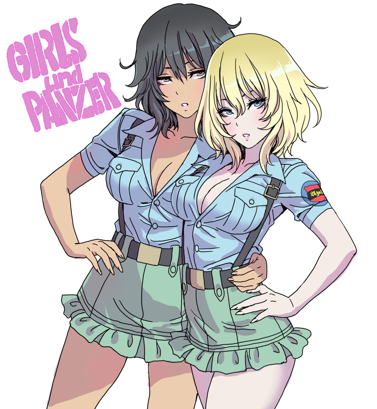 andou_rena cleavage girls_und_panzer no_bra open_shirt oshida_ruka uniform yamashita_shunya yuri