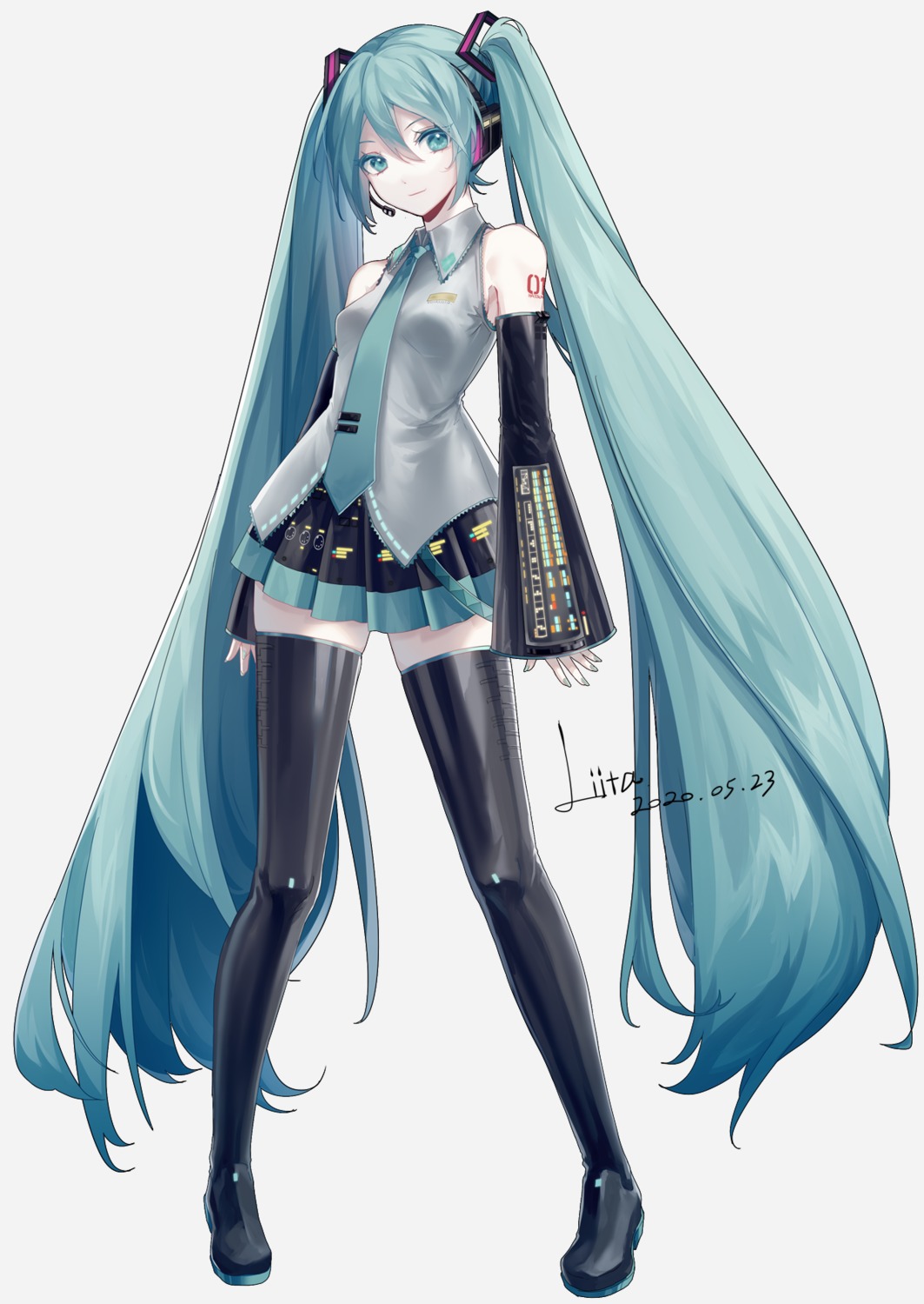 hatsune_miku headphones liita_(dusk_snow) tattoo thighhighs vocaloid