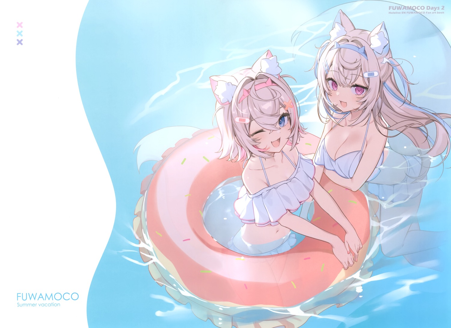 animal_ears bandaid bikini fuwawa_abyssgard hololive hololive_english icomochi ikomochi inumimi mococo_abyssgard swimsuits tail wet