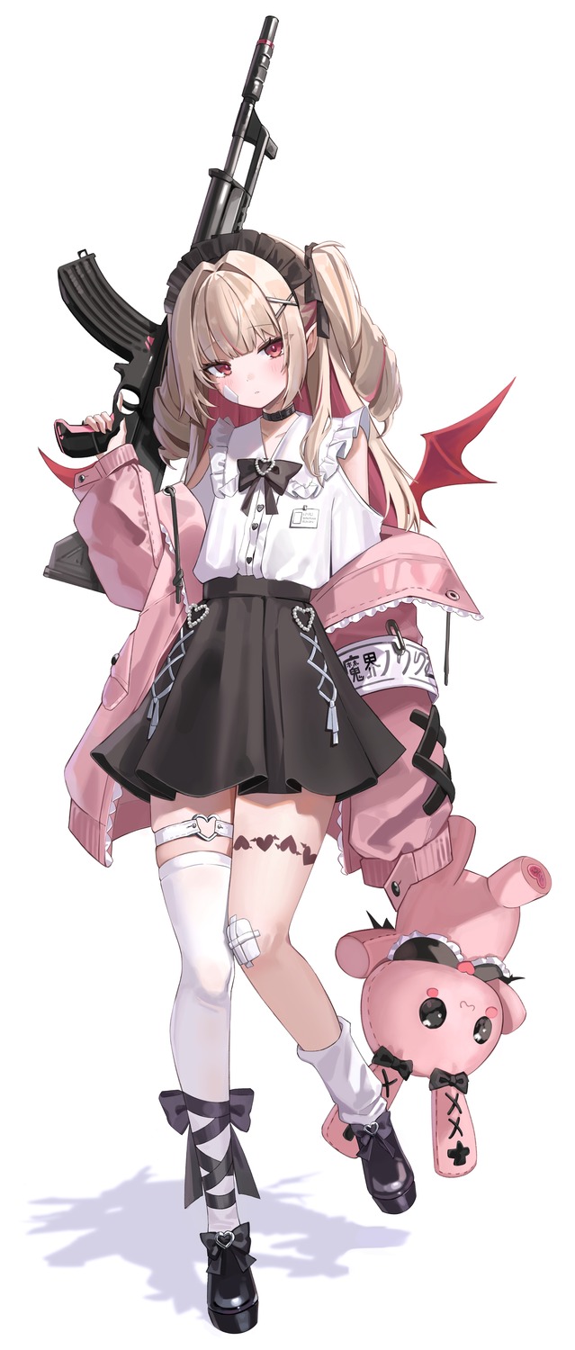 bandaid garter gun makaino_ririmu nijisanji nijisanji_gamers pointy_ears tattoo thighhighs whitebc wings