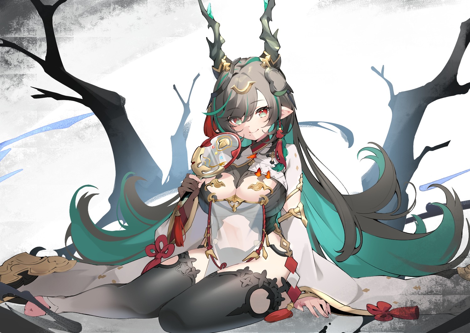 asian_clothes granblue_fantasy horns no_bra payila pilokey pointy_ears see_through thighhighs