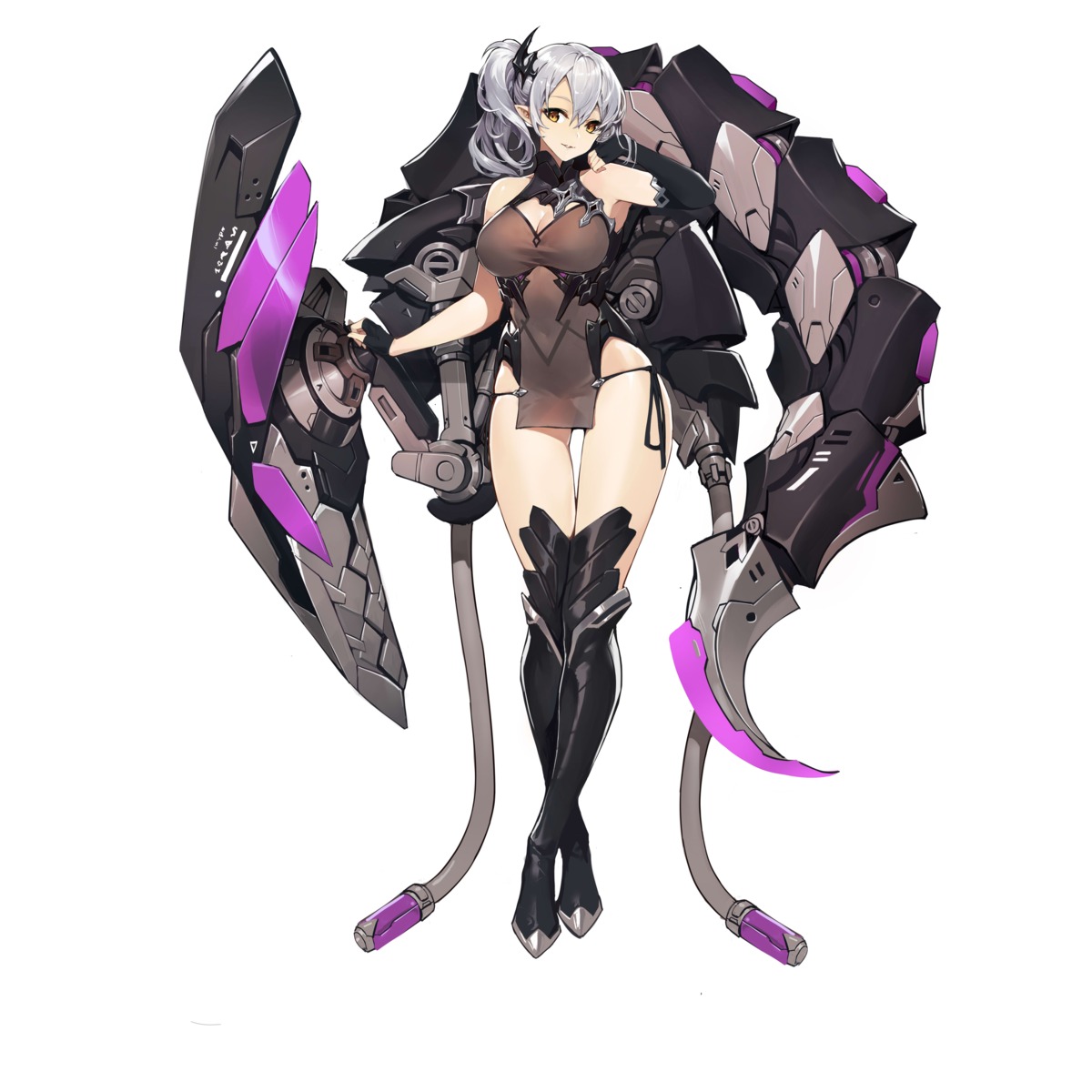 armor cleavage ghost_cc leotard mecha_musume pointy_ears see_through thighhighs