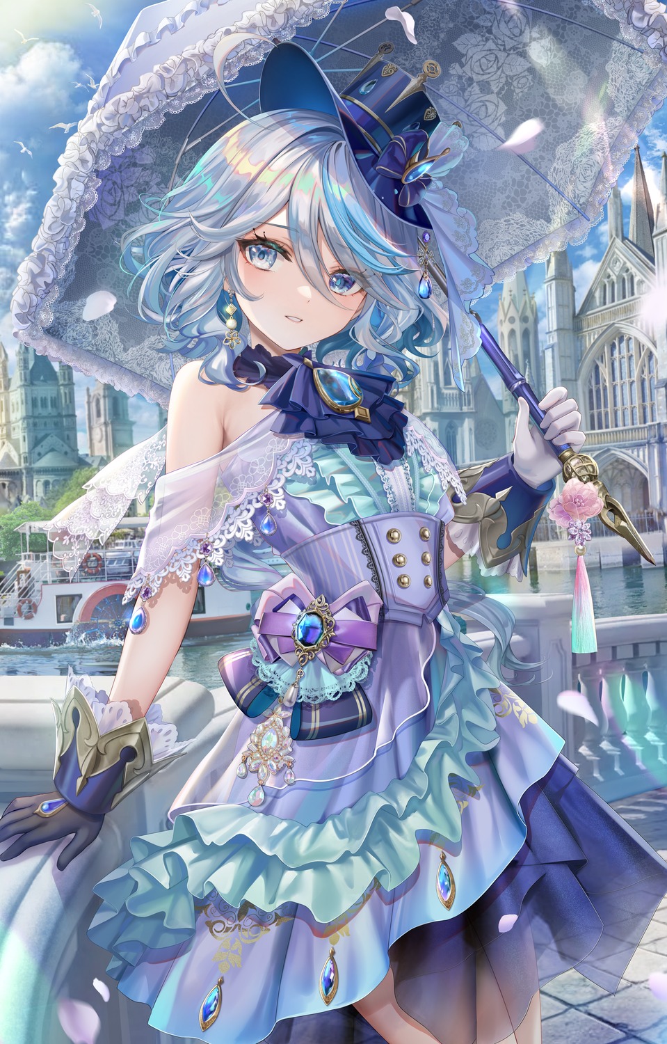 dress furina genshin_impact heterochromia lolita_fashion see_through torino_akua umbrella