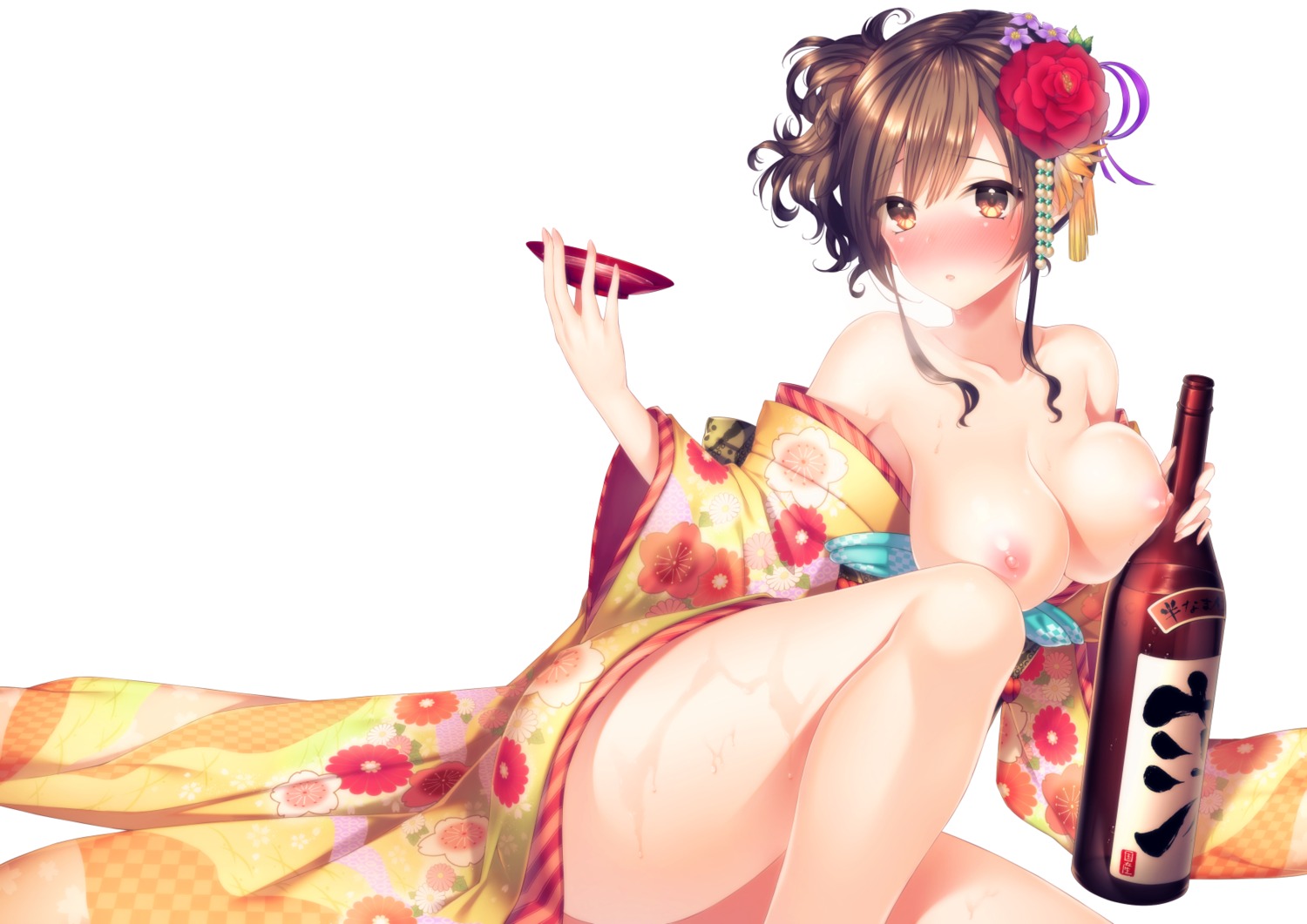 breasts kimono nipples no_bra open_shirt sake suiheisen wet
