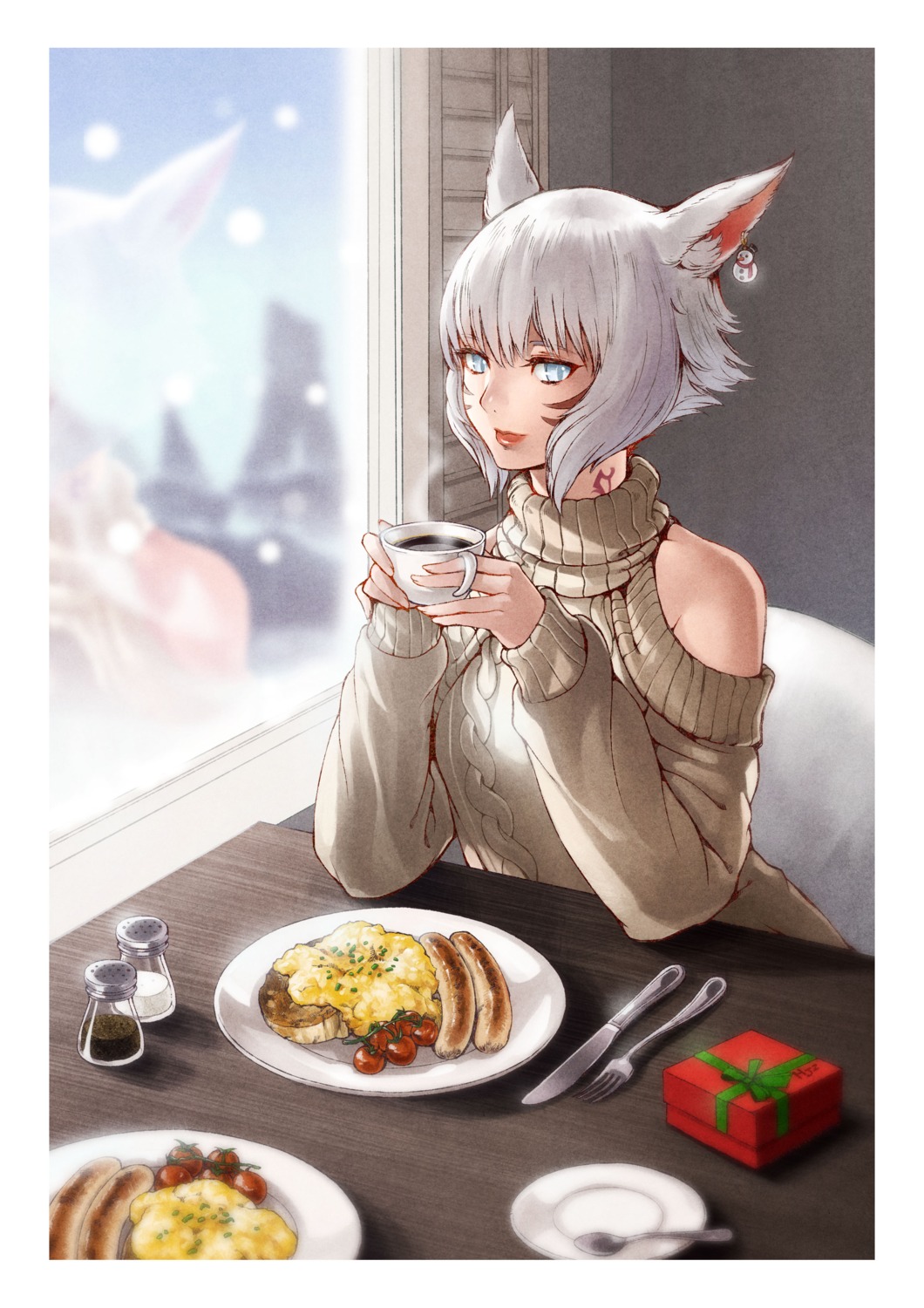 animal_ears final_fantasy final_fantasy_xiv haimerejzero miqo'te sweater tattoo y'shtola