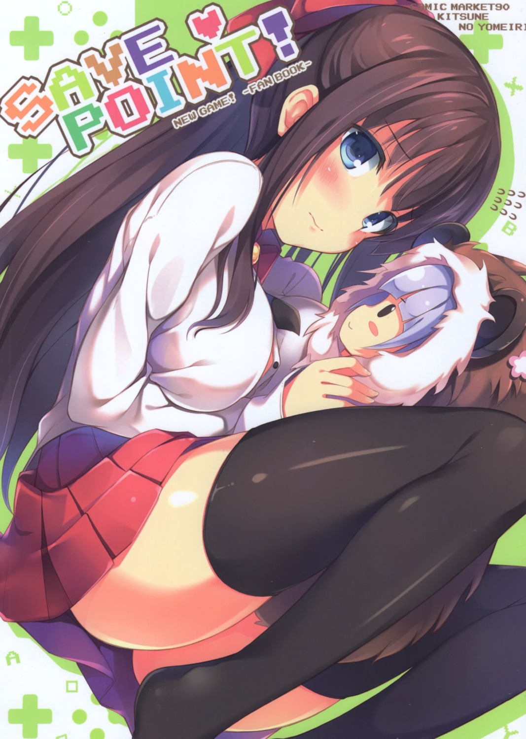 breast_hold chibi kitsune_no_yomeiri new_game! nozomi_tsubame suzukaze_aoba takimoto_hifumi thighhighs