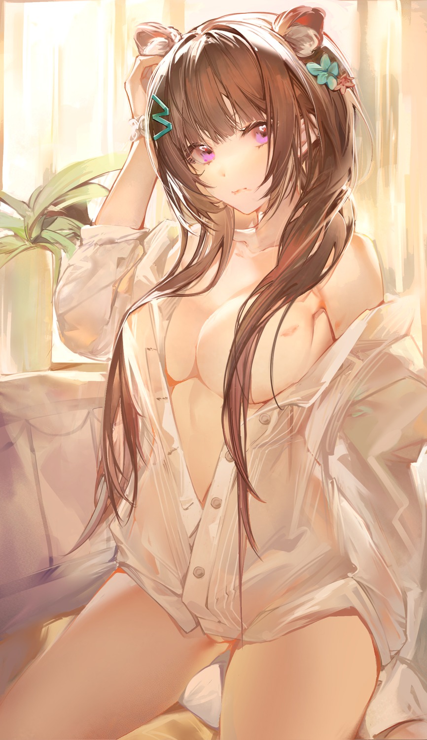 animal_ears dress_shirt miomaomiao no_bra open_shirt pussy uncensored