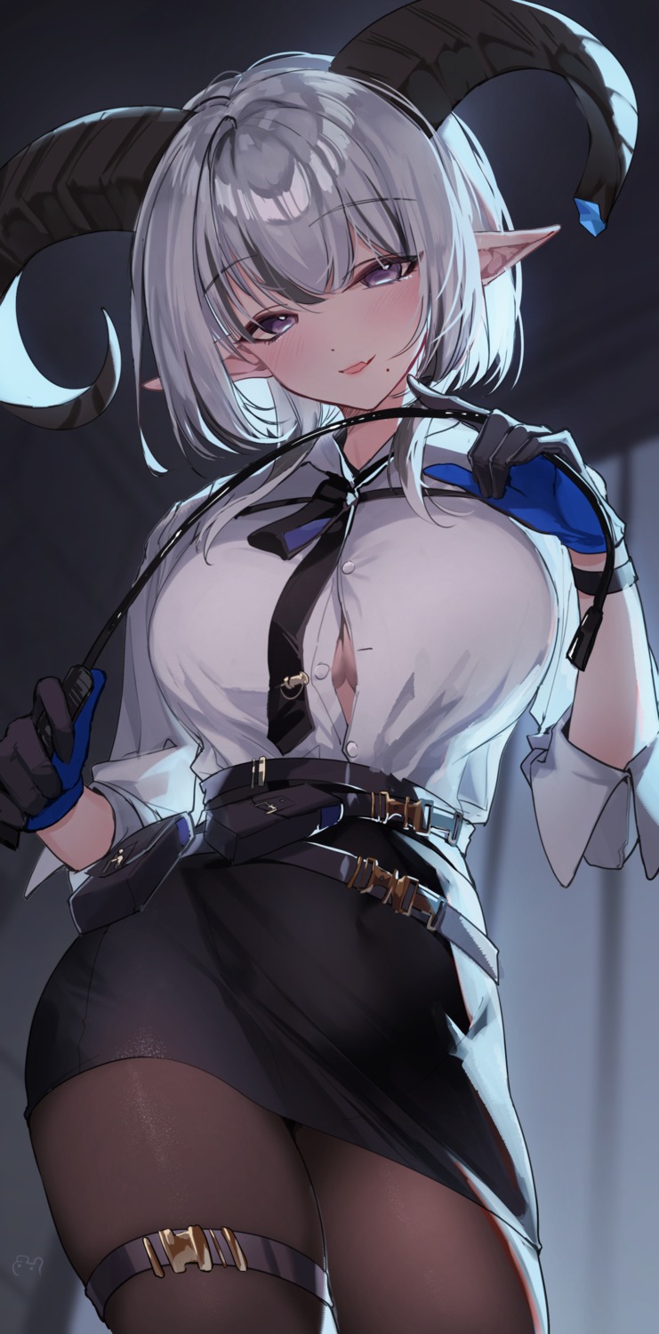 bison_cangshu cleavage dress_shirt garter horns no_bra open_shirt pantyhose pointy_ears weapon