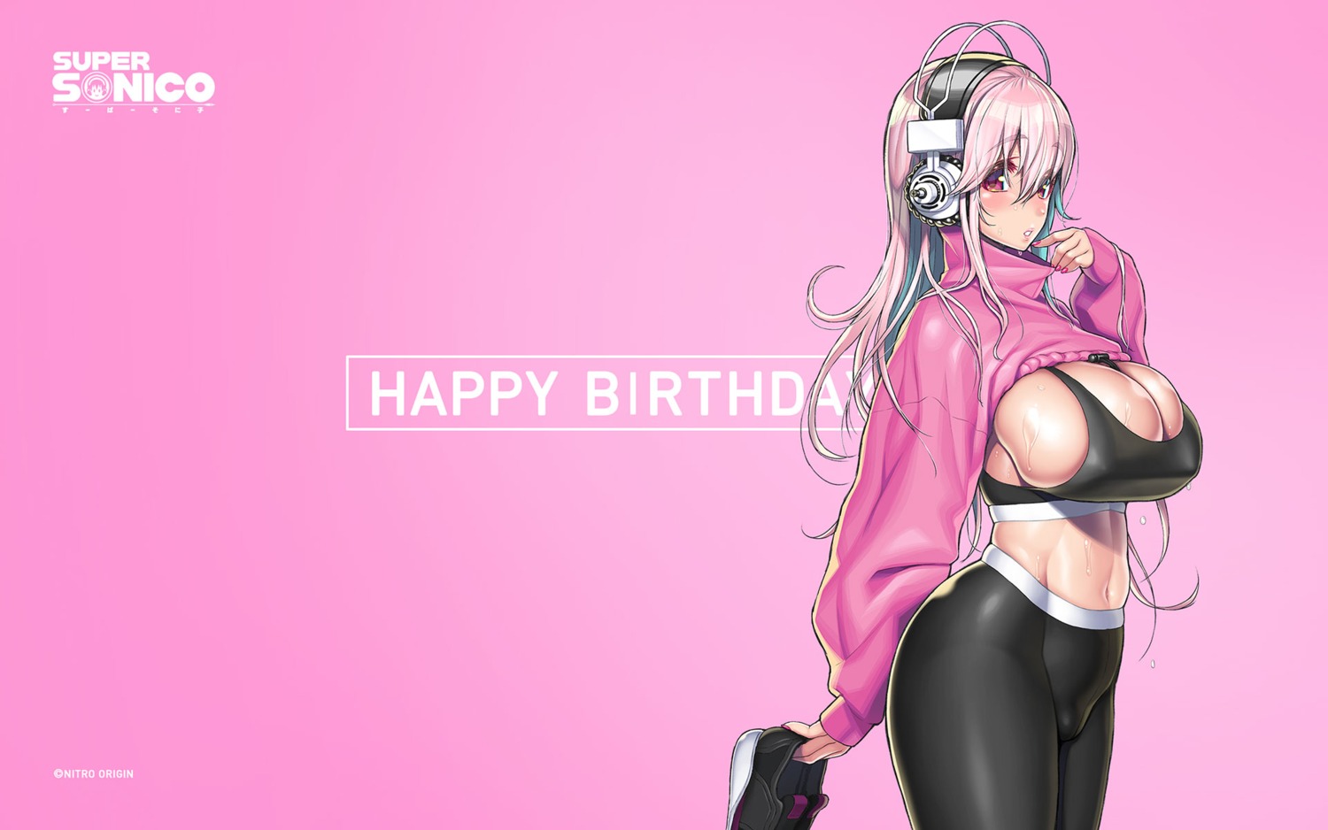 bra erect_nipples gym_uniform headphones shirt_lift sonico super_sonico sweater tsuji_santa wallpaper