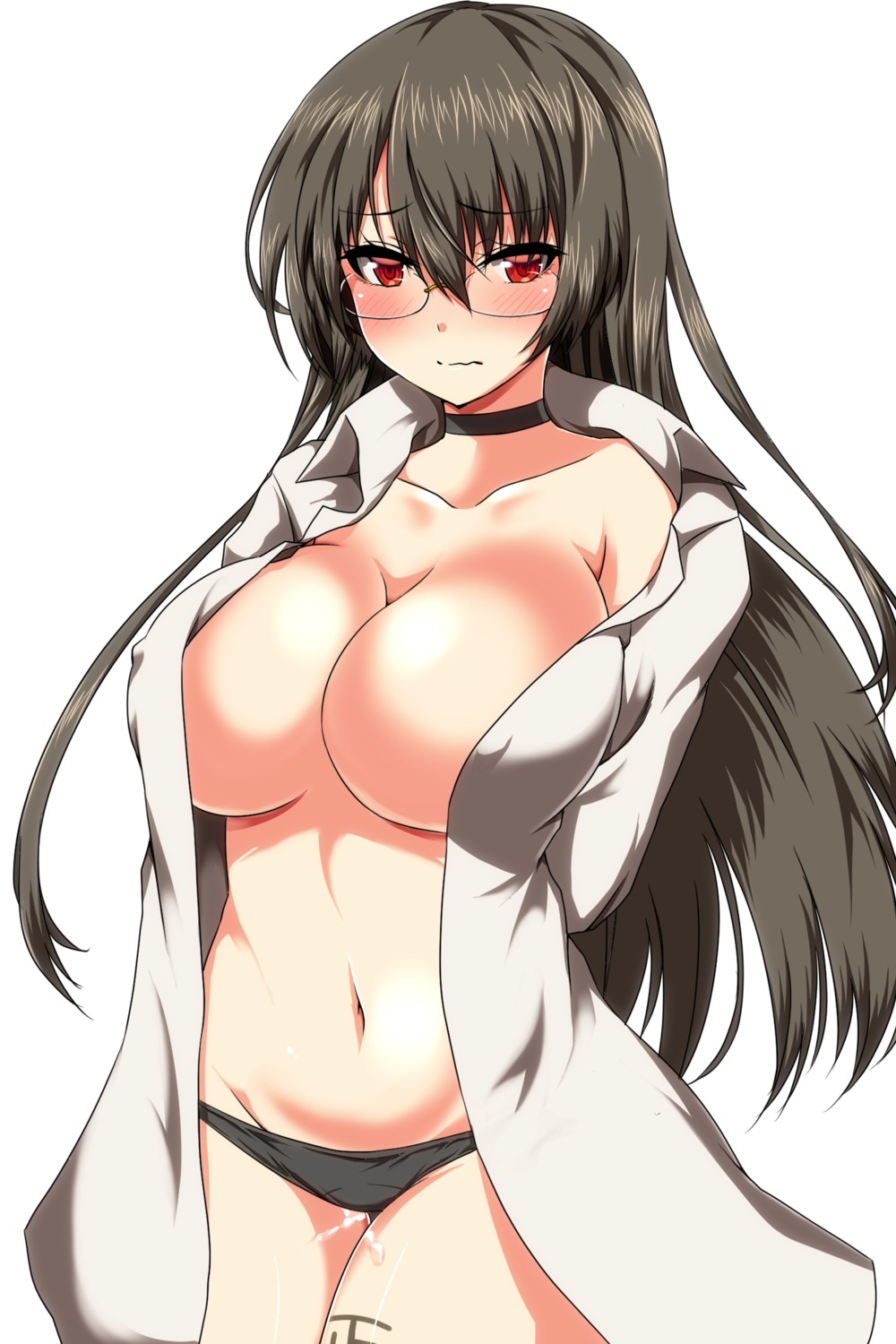 ar_mess choukai_(kancolle) cleavage cream erect_nipples kantai_collection megane no_bra open_shirt pantsu tattoo underboob