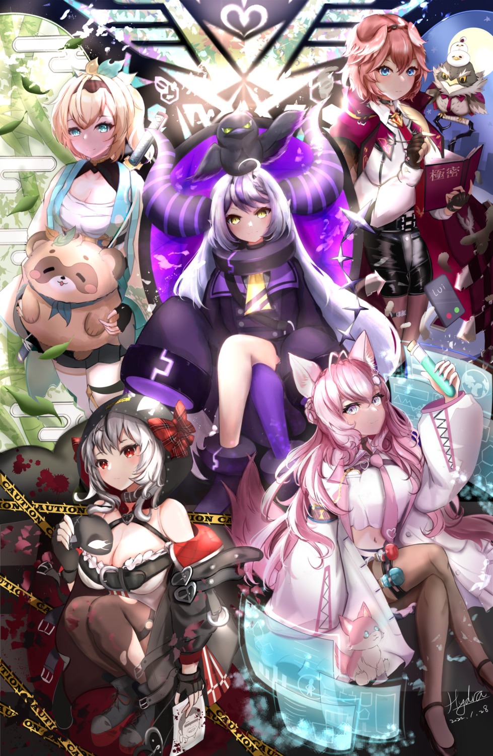 animal_ears blood cleavage crow_(la+_darknesss) devil ganmo_(takane_lui) garter hakui_koyori hololive horns hydraexp japanese_clothes kazama_iroha la+_darknesss no_bra open_shirt pantsu pantyhose pointy_ears pokobee sakamata_chloe stockings string_panties takane_lui thighhighs torn_clothes tsukune_(takane_lui) tsumire_(takane_lui) uniform wings