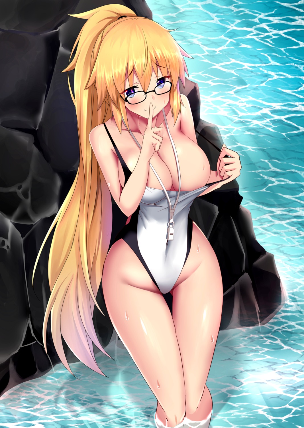 breast_hold breasts fate/grand_order jeanne_d'arc jeanne_d'arc_(fate) megane minato_yoshihiro swimsuits undressing wet