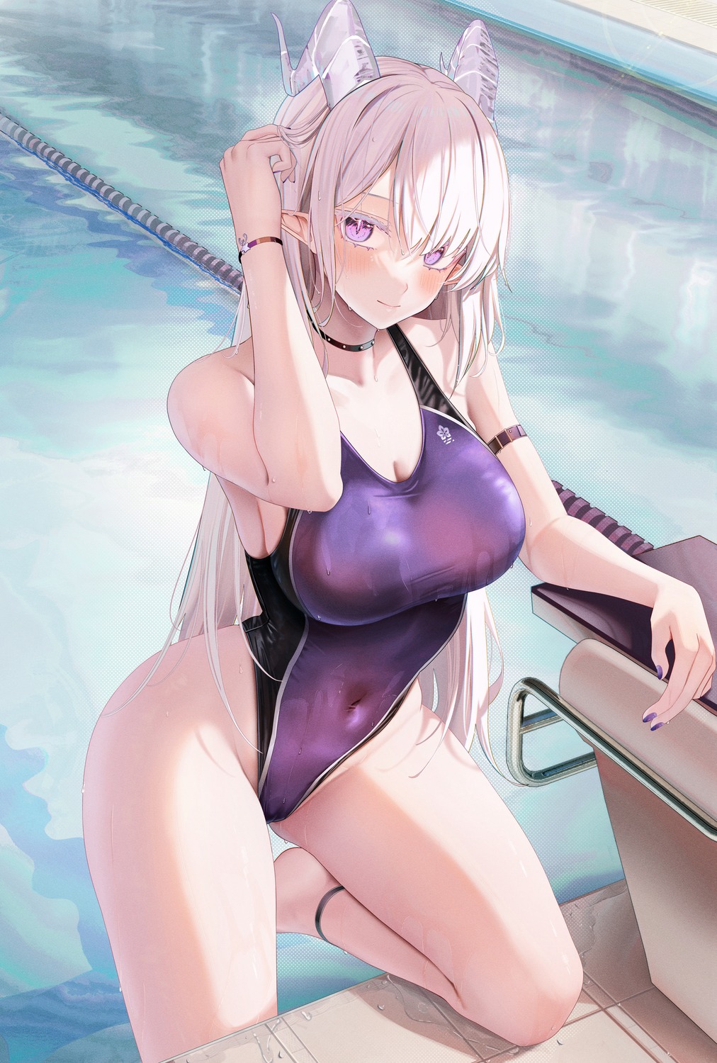 cameltoe horns pointy_ears ru_zhai swimsuits wet wet_clothes